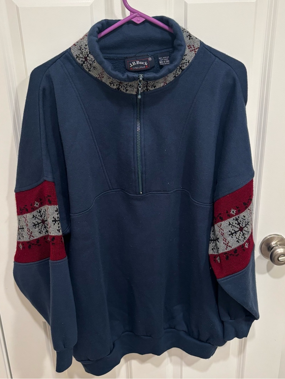 Vintage J.B. Buck Half Zip Navy Blue Snowflake Sweatshirt Mens U.S. XL